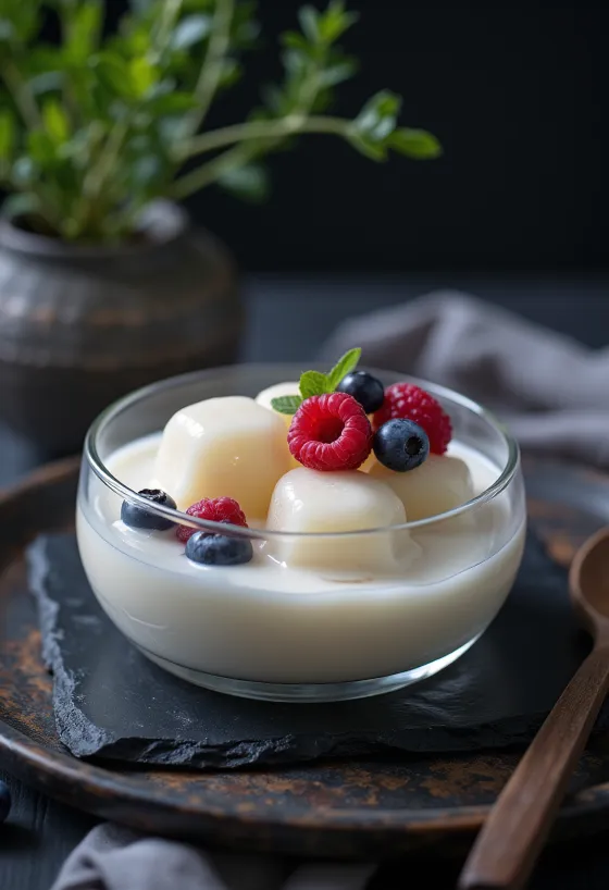 Warabi mochi servert med tofupudding og friske bær