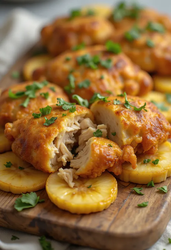 Fritert acarajébolle fylt med krydret kylling og servert med bananskiver