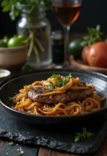 Bistec Encebollado servert med løk og tilbehør