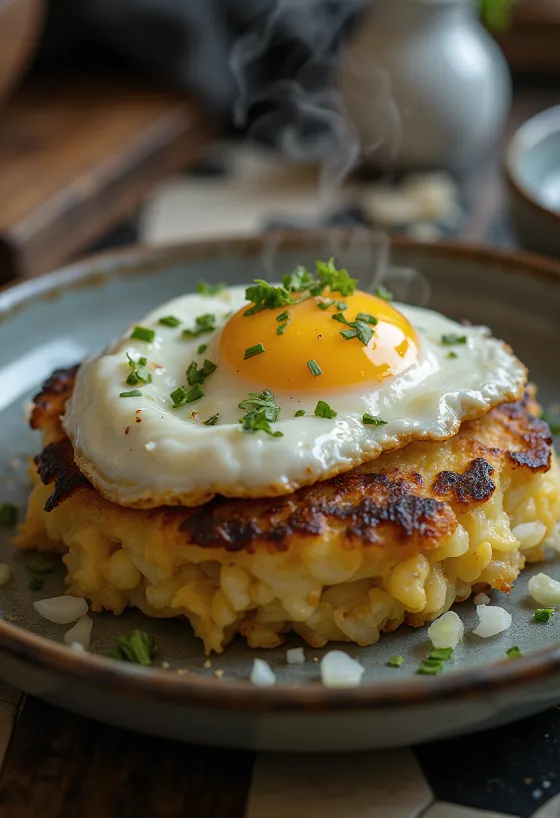 Bubble and squeak med egg servert med gyllenbrun sprø skorpe og speilegg