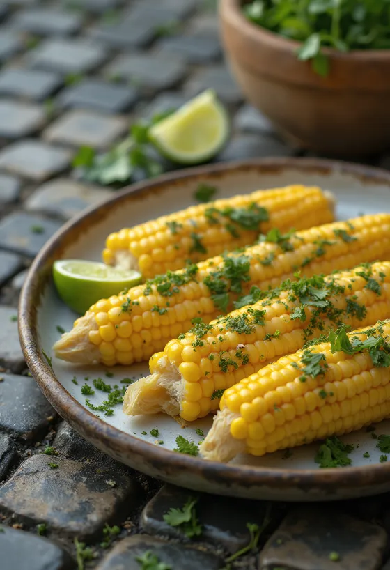 Elote med koriander – fersk mais servert med koriander, ost og rømme
