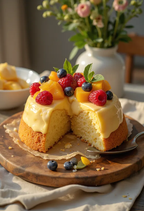 Frisk fruktterte med fargerik frukt og blankt gelélag