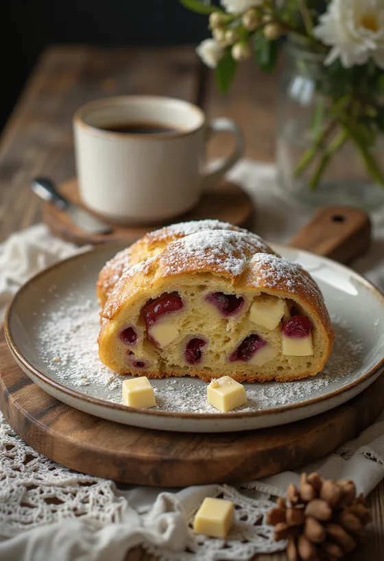 Stollen med kaffe og hvit sjokolade i skiver servert