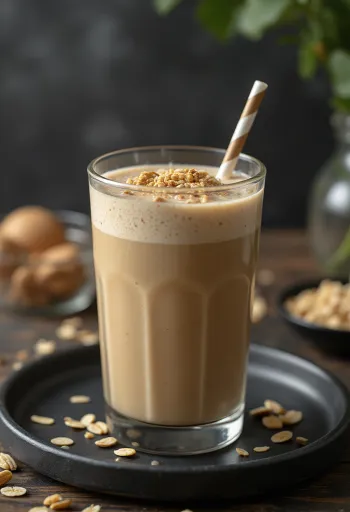 Kaffesmoothie servert i høyt glass, pyntet med bananskiver