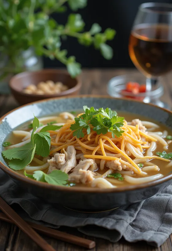 Pho Ga servert med risnudler, friske urter og limebåter