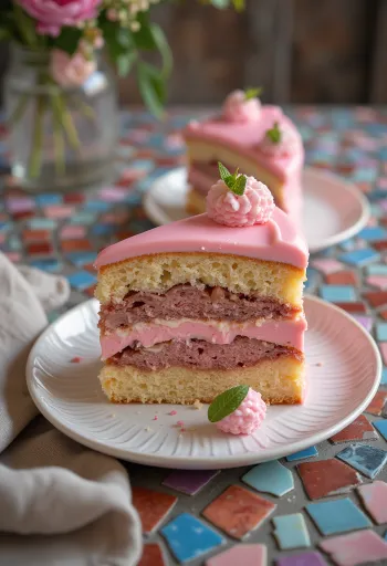 Punsjkake dekket med rosa glasur, pyntet med sjokoladestriper og sukat.