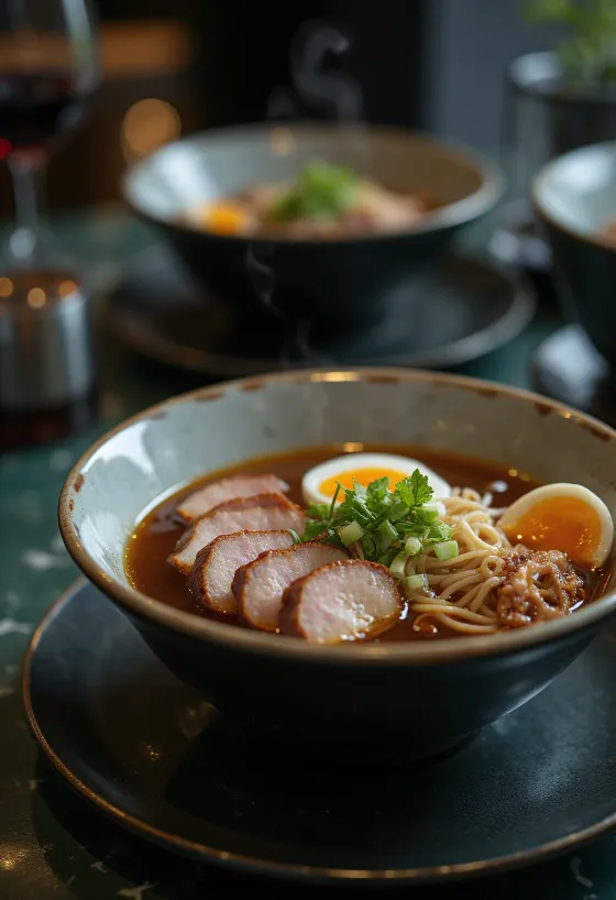 Ramen-skål med stekt and, nudler og topping