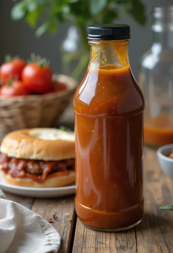Øl- og tomatbasert barbecuesaus i en skål, ved siden av grillet kjøtt.