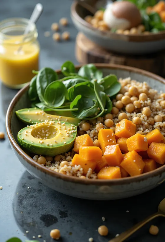 Buddha bowl med gresskar og quinoa med friske grønnsaker