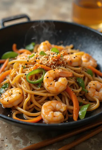 Yakisoba med scampi, en blanding av deilige nudler og grønnsaker med scampi og sesamfrø