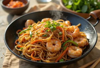 Yakisoba med scampi, en blanding av deilige nudler og grønnsaker med scampi og sesamfrø