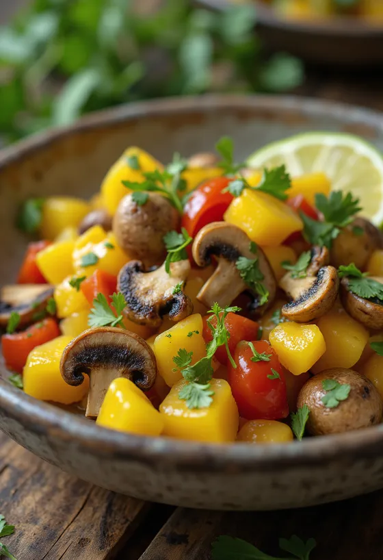 Ackee og sopp, en deilig rett servert med frisk koriander og limeskiver