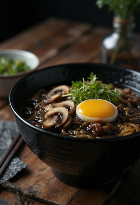 Svart hvitløk ramen servert