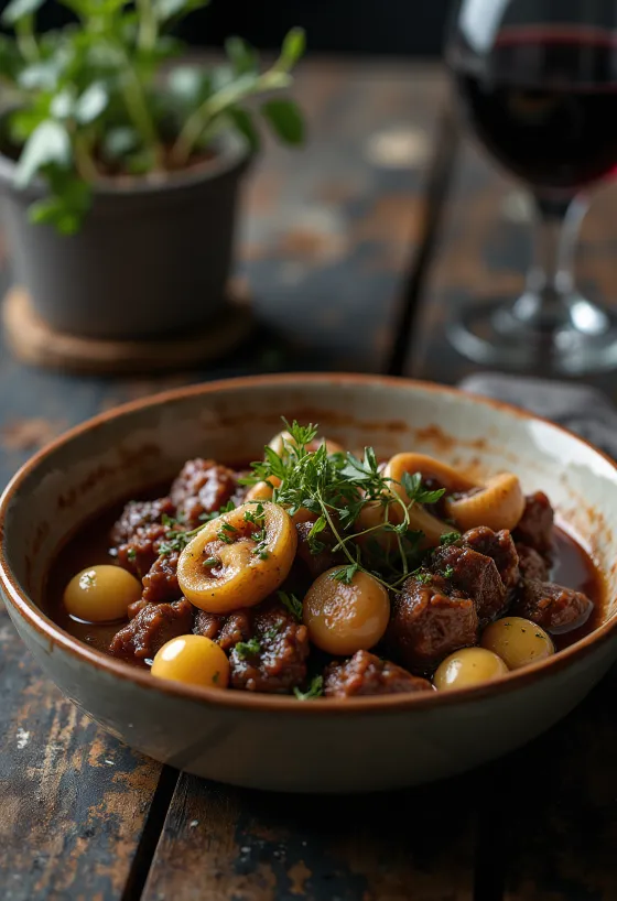 Boeuf Bourguignon servert med potetmos