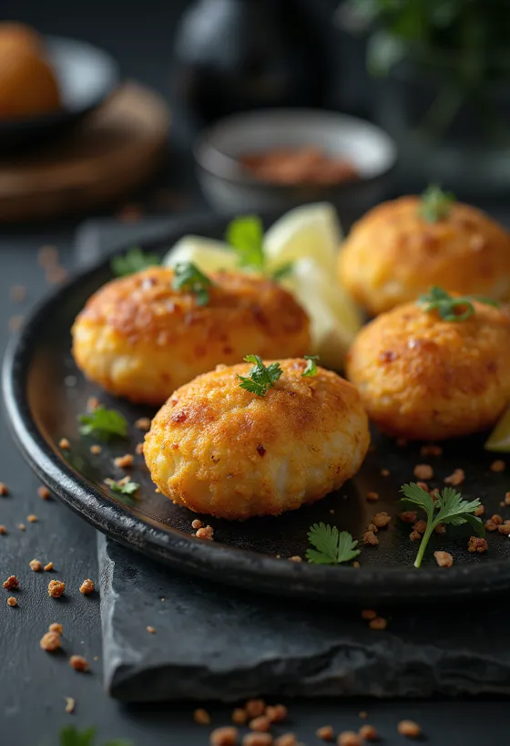 Bolinho de bacalhau med tofu, gylne stekte tofuboller.
