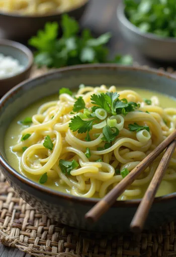 Skål med nudler, grønn curry og kokosmelk