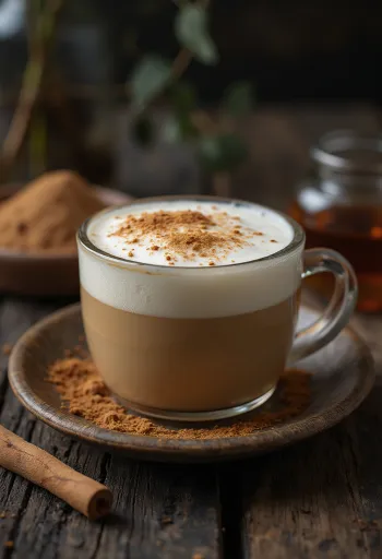 Honning-chai latte servert med kanelstang og krydder