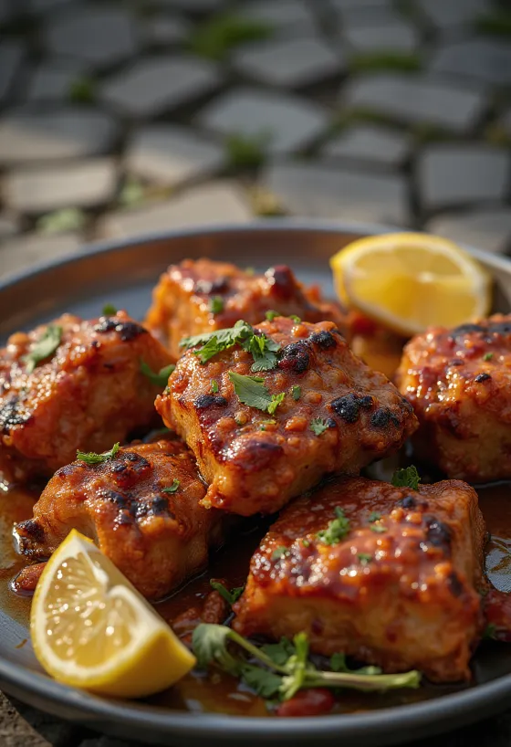 Tandoori goat servert med naanbrød og frisk koriander.