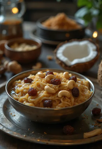 Ada Pradhaman, servert med kokosmelk og rosevann