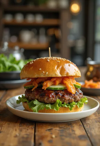 Bulgogi hamburger servert med salat og kimchi