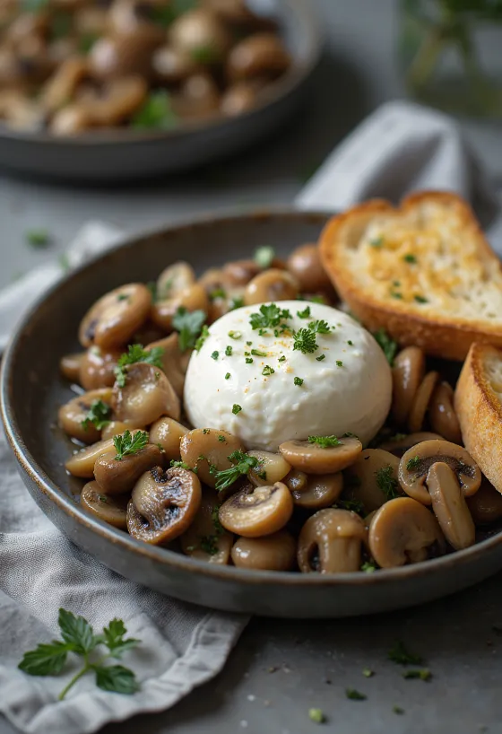 Burrata servert med stekt sopp, dryppet med balsamicoeddik, med ristet brød