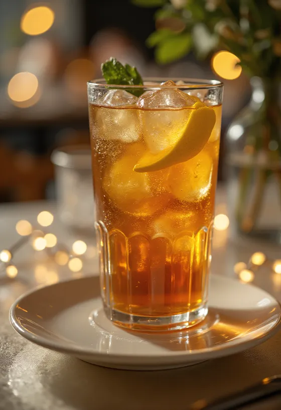 Long Island Iced Tea cocktail pyntet med sitronskive