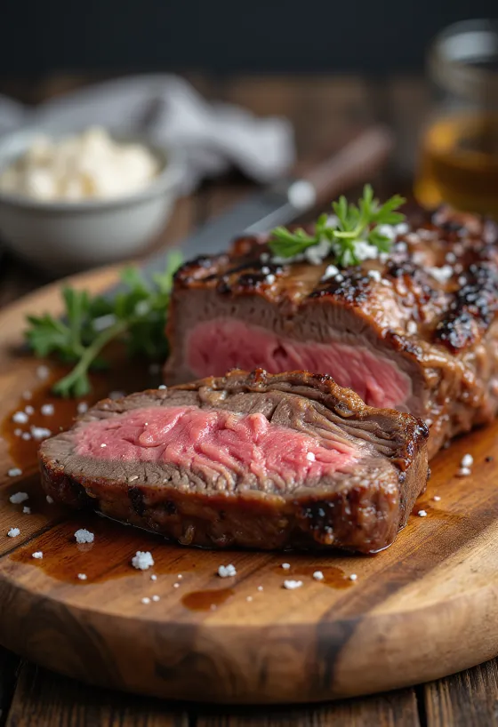 Picanha, grillet brasiliansk biff servert med stekte poteter og chimichurrisaus