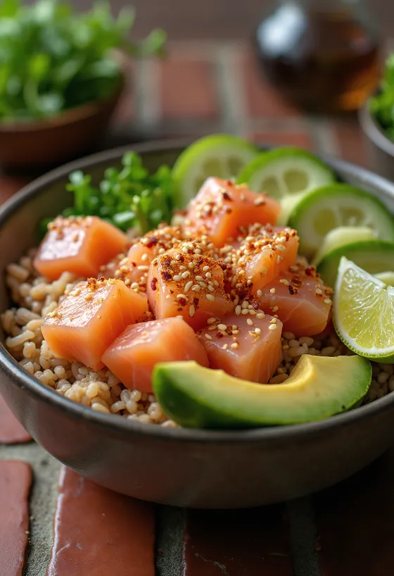 Poké bowl med brun ris og tunfisk