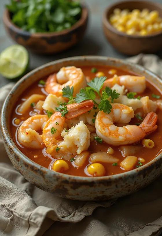 Pozole con mariscos servert med lime, koriander og frisk vårløk