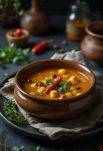 Rasam med tamarind, servert med frisk koriander