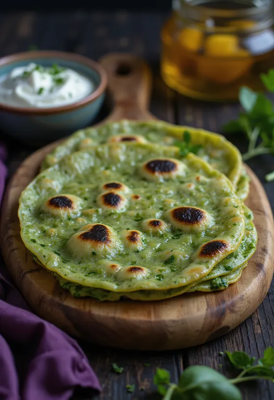 Roti med spinat, servert med fersk spinat og sprø roti