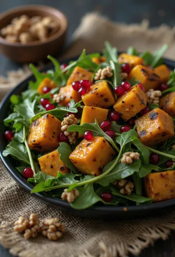 Salat med gresskar og tofu servert