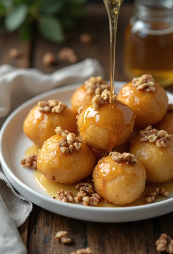 Zeppole med honning og valnøtter, gylne bakverk servert med honning