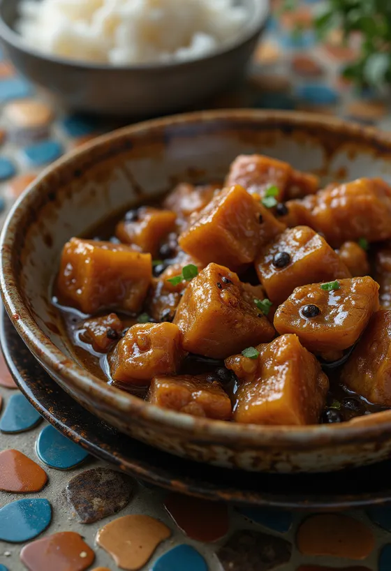 Svineadobo, servert ved siden av ris og frisk koriander