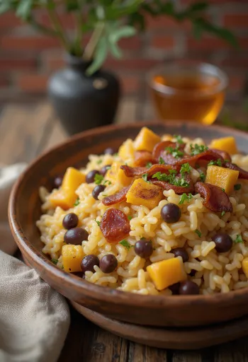 Baião de dois med ost, servert med frisk koriander