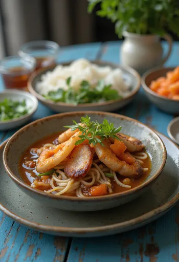 Bun Cha servert med risnudler og friske grønnsaker