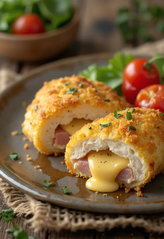 Cordon bleu servert med frisk salat og stekte poteter
