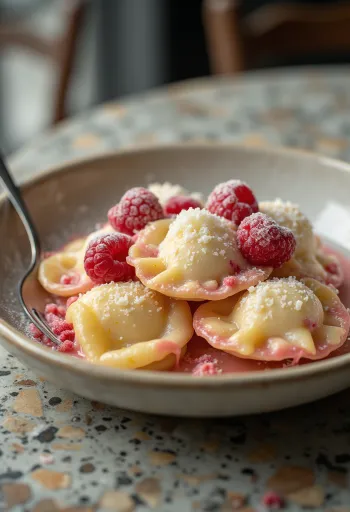 Søt ravioli med bringebærkrem servert