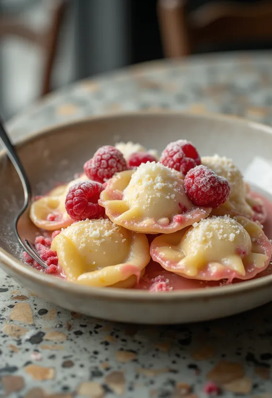 Søt ravioli med bringebærkrem servert