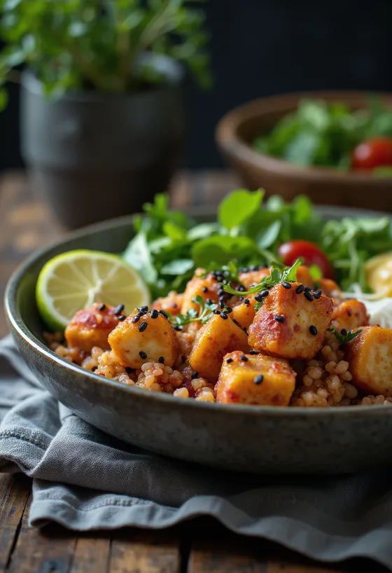 Lime- og quinoa-buddha bowl med karri-rødbetetahini servert