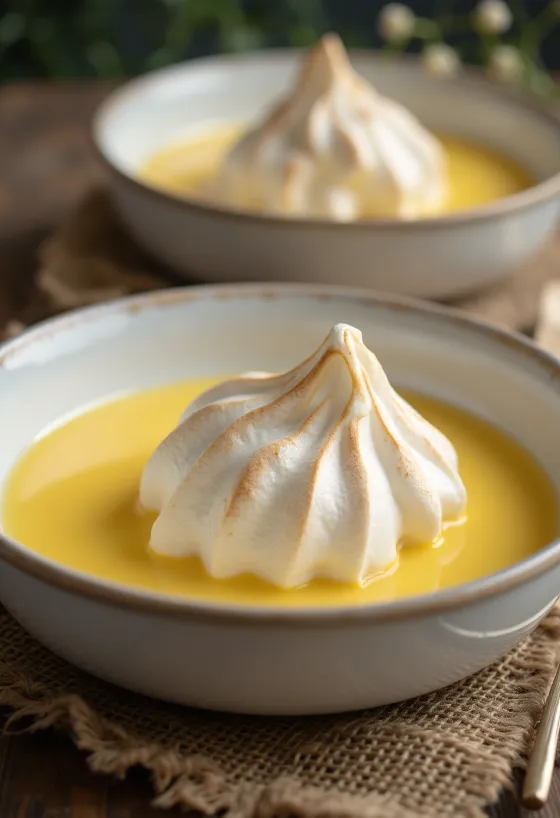 Flytende øyer servert i glass, pyntet med vaniljekrem og eggehviteboller