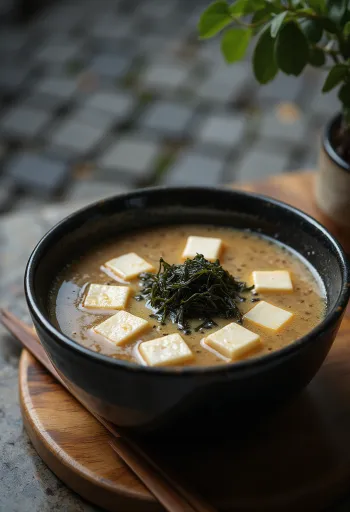 Misosuppe med vårløk servert med tofuterninger og wakame-tang i en dyp skål
