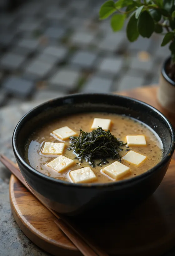Misosuppe med vårløk servert med tofuterninger og wakame-tang i en dyp skål