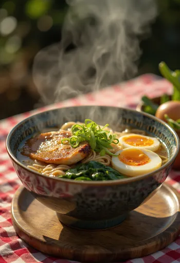 Ramen med stekt kyllinglårfilet, servert med egg og friske grønnsaker