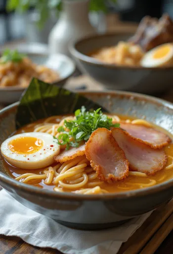 Ramen-skål med stekt skinke, nudler og topping