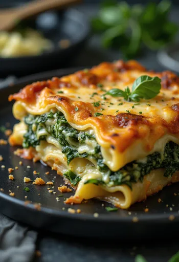 Spinatlasagne lagvis, med gyllenbrun ost på toppen