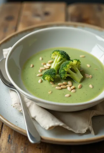 Kremet brokkolisuppe servert med ristede kjerner