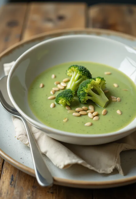 Kremet brokkolisuppe servert med ristede kjerner
