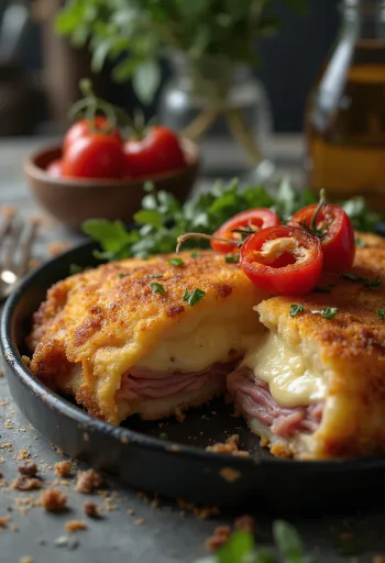 Cachopo servert med pommes frites og sitron
