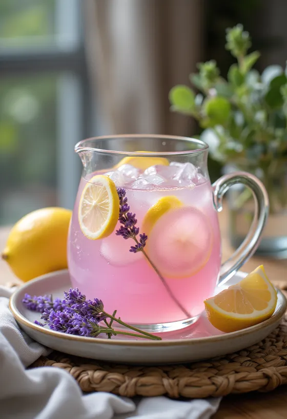 Lavendellimonade servert i glass med sitronskiver